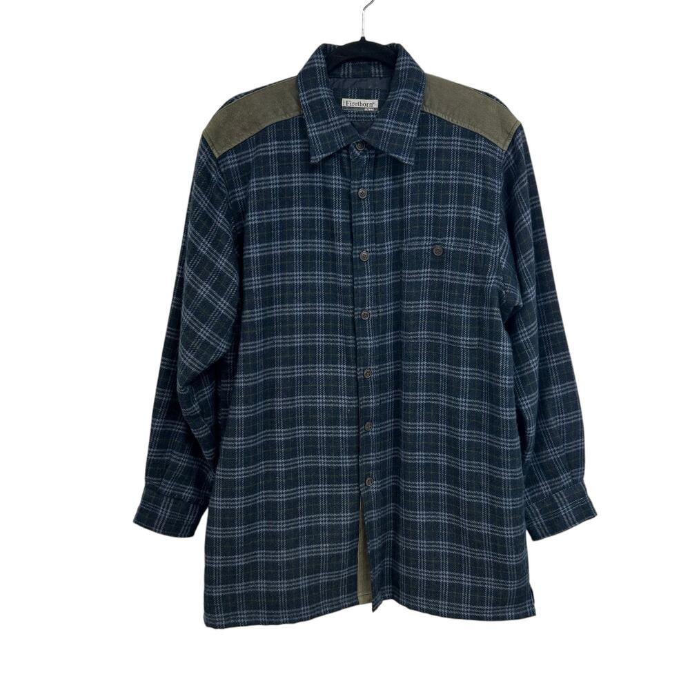 Firethorn Vintage Plaid Wool Blend Button Down Leather Trim Flannel Mens Medium
